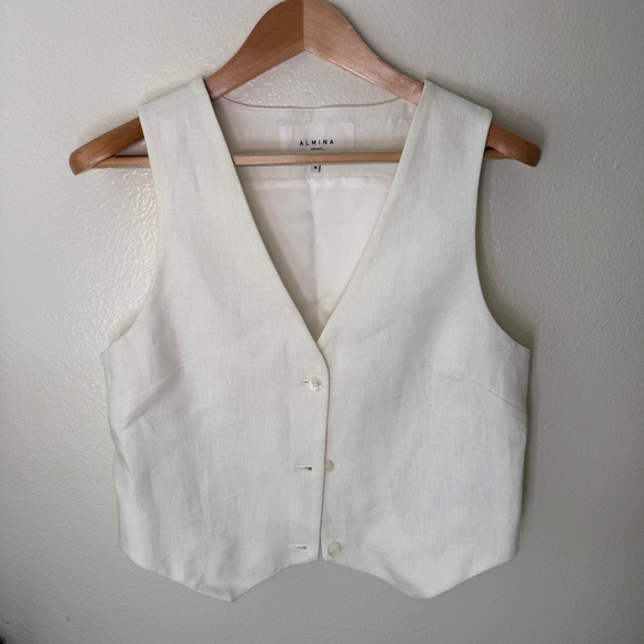 Almina Concept white linen blazer vest size small Buttondown sleeveless v-neck - Picture 10 of 10